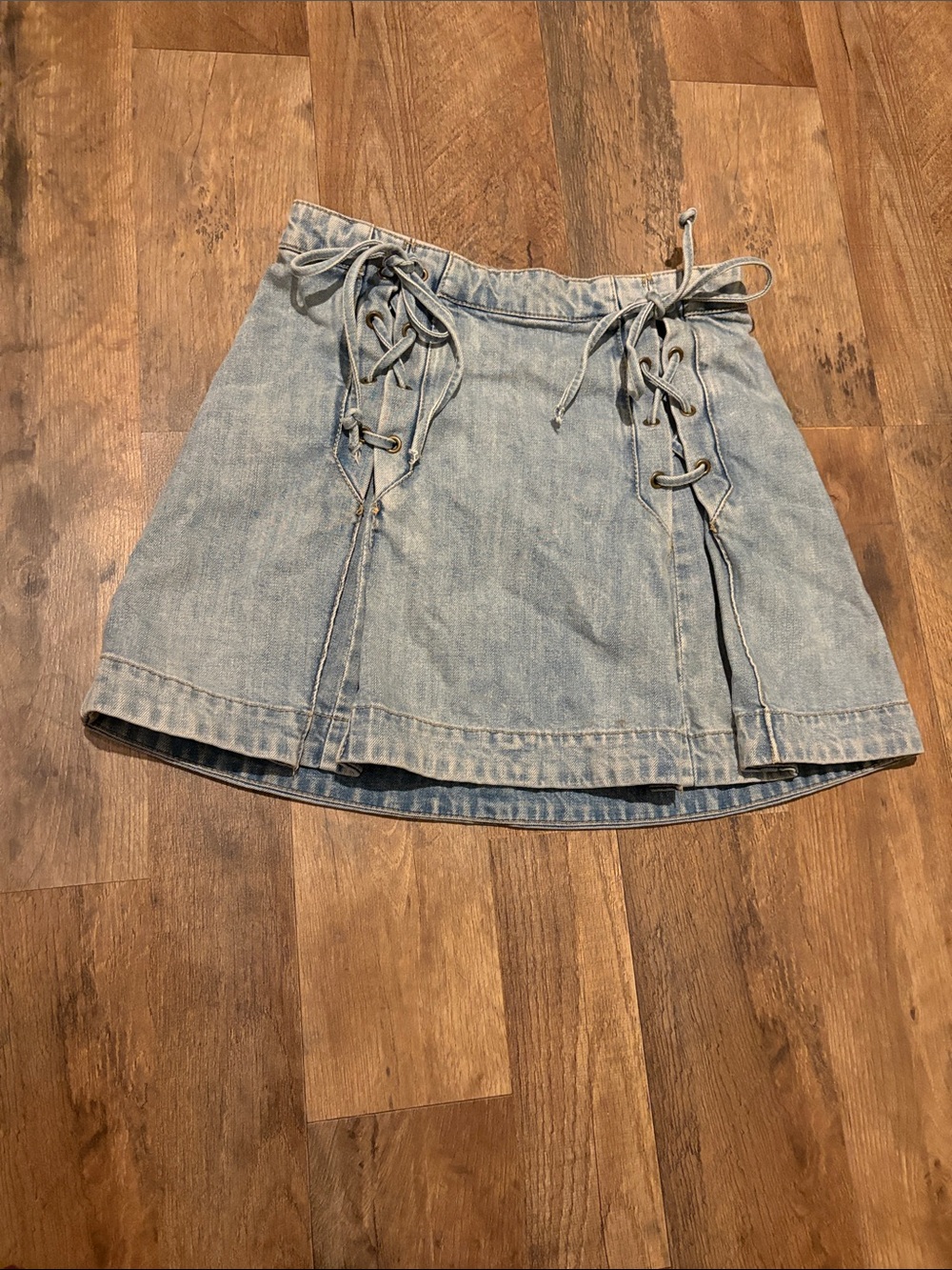 Free People Light Wash Denim Lace-Up A-Line Skirt